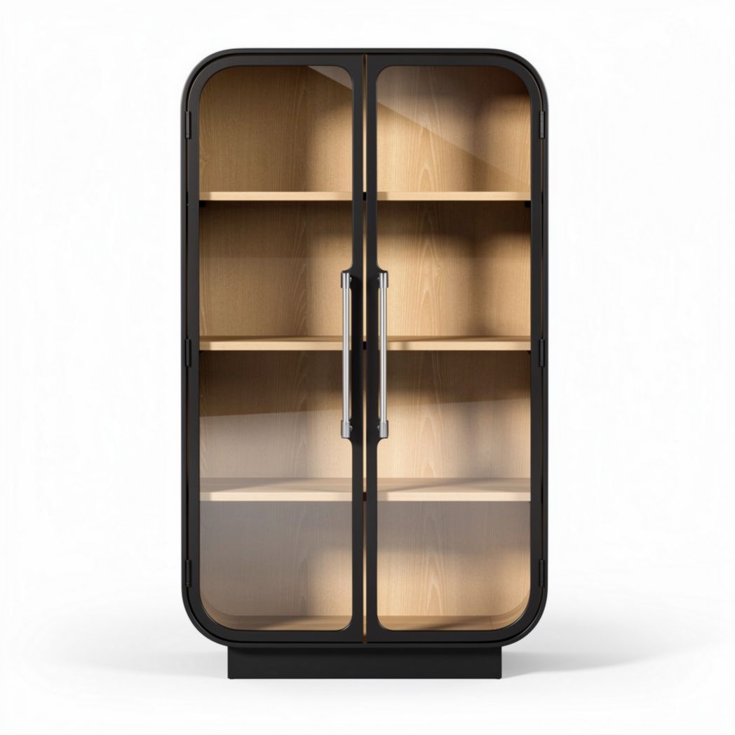 Glazen kast met houten planken en zwart metalen frame 100 x 50 x 180cm