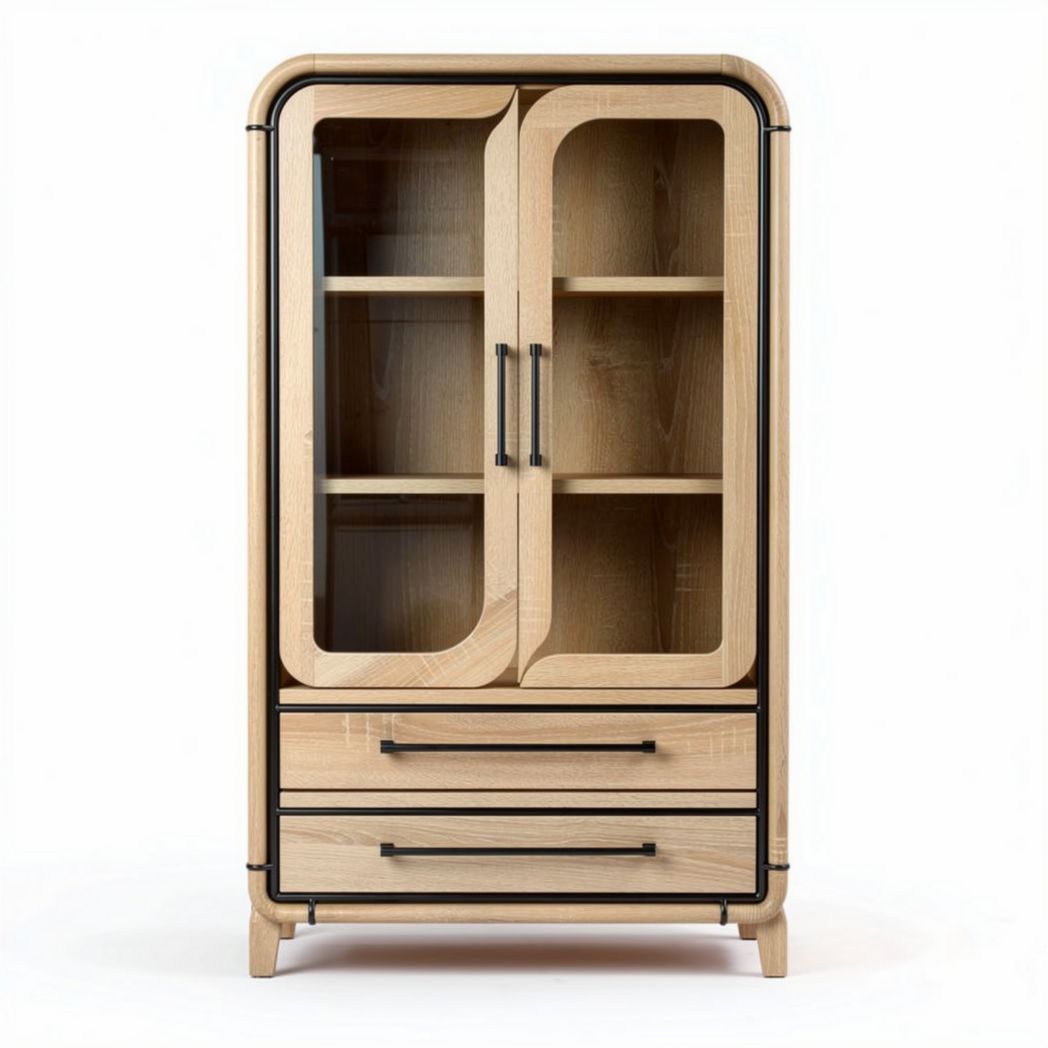 Houten vitrinekast met glazen deuren en metalen handgrepen 80 x 45 x 150cm
