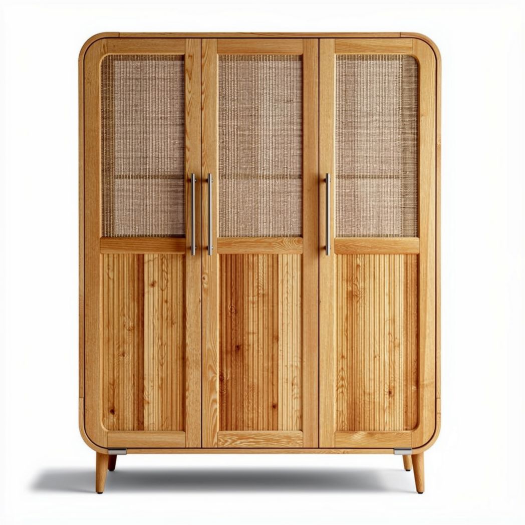Houten kast met bamboe panelen en drie deuren 120 x 60 x 180cm