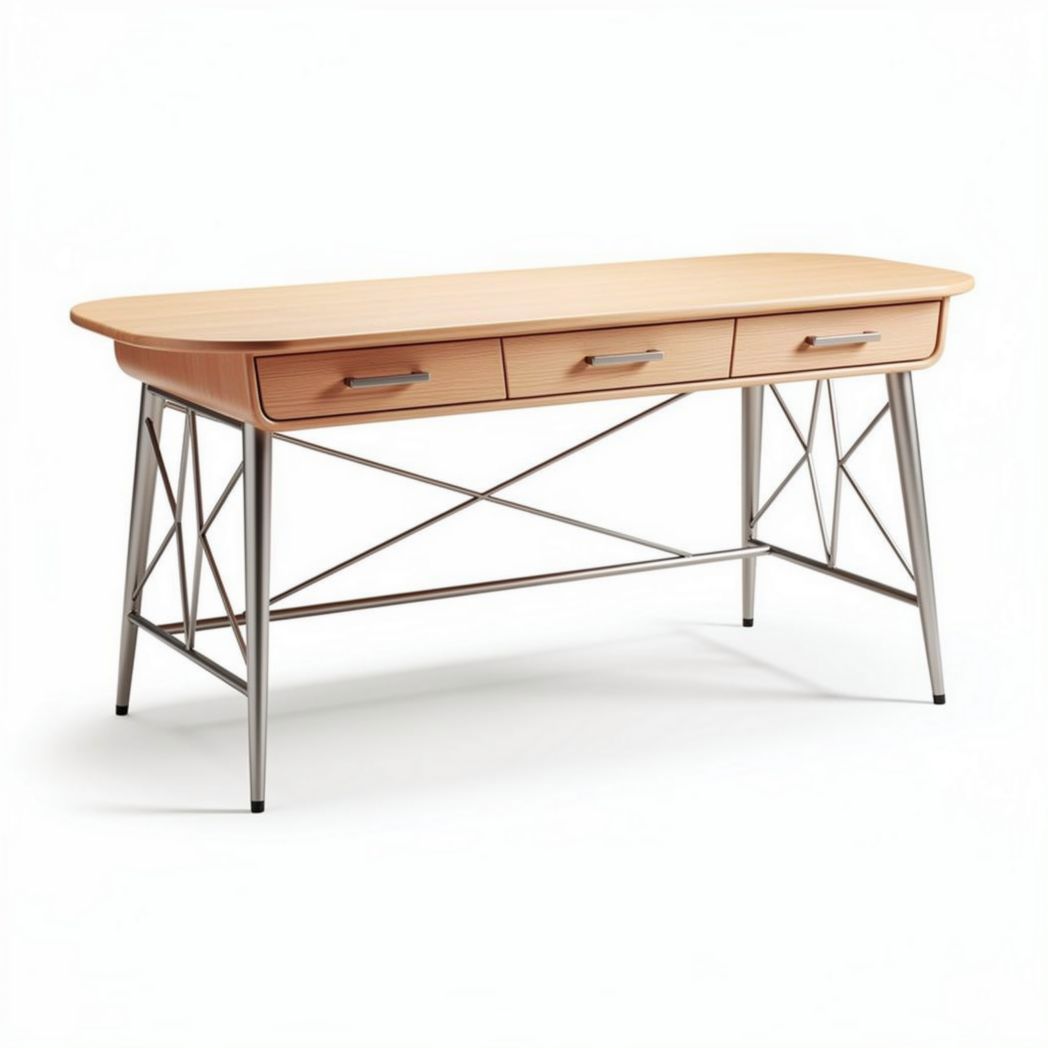 Ontwerp bureau van hout met metalen frame en drie lades 120 x 60 x 75cm