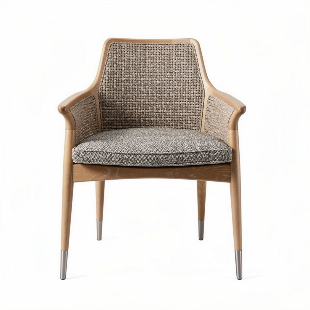 Houten fauteuil met geweven zitting en rugleuning in beige en grijs 60 x 60 x 80cm